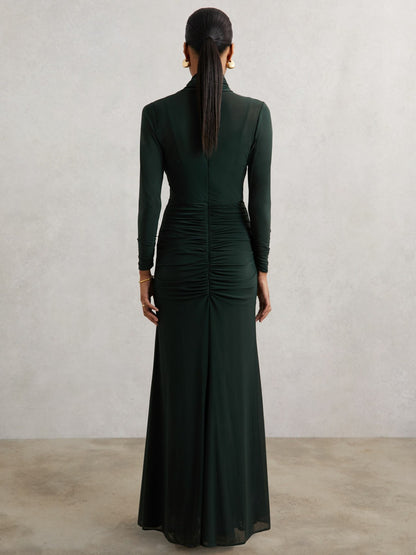 Reiss Ruched Long-Sleeve Maxi Dress in Dark Green