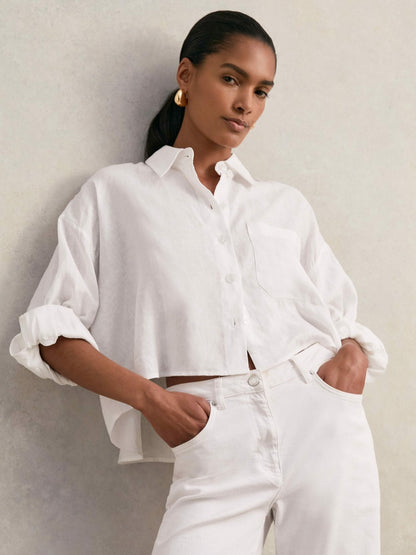 Reiss Value - Oversize Linen Cropped Shirt in White