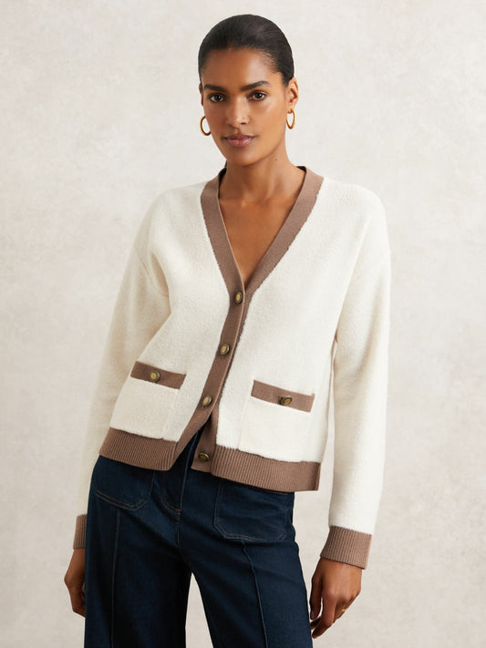 Reiss Sale - Wool Colourblock Cardigan in Cream/Neutral