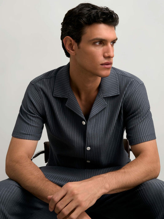 Reiss Textured-Stripe Cuban-Collar Shirt in Petrol Blue