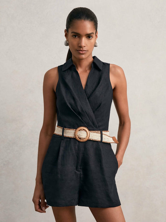 Reiss Popular Choice - Linen Belted Sleeveless Wrap Playsuit in Navy