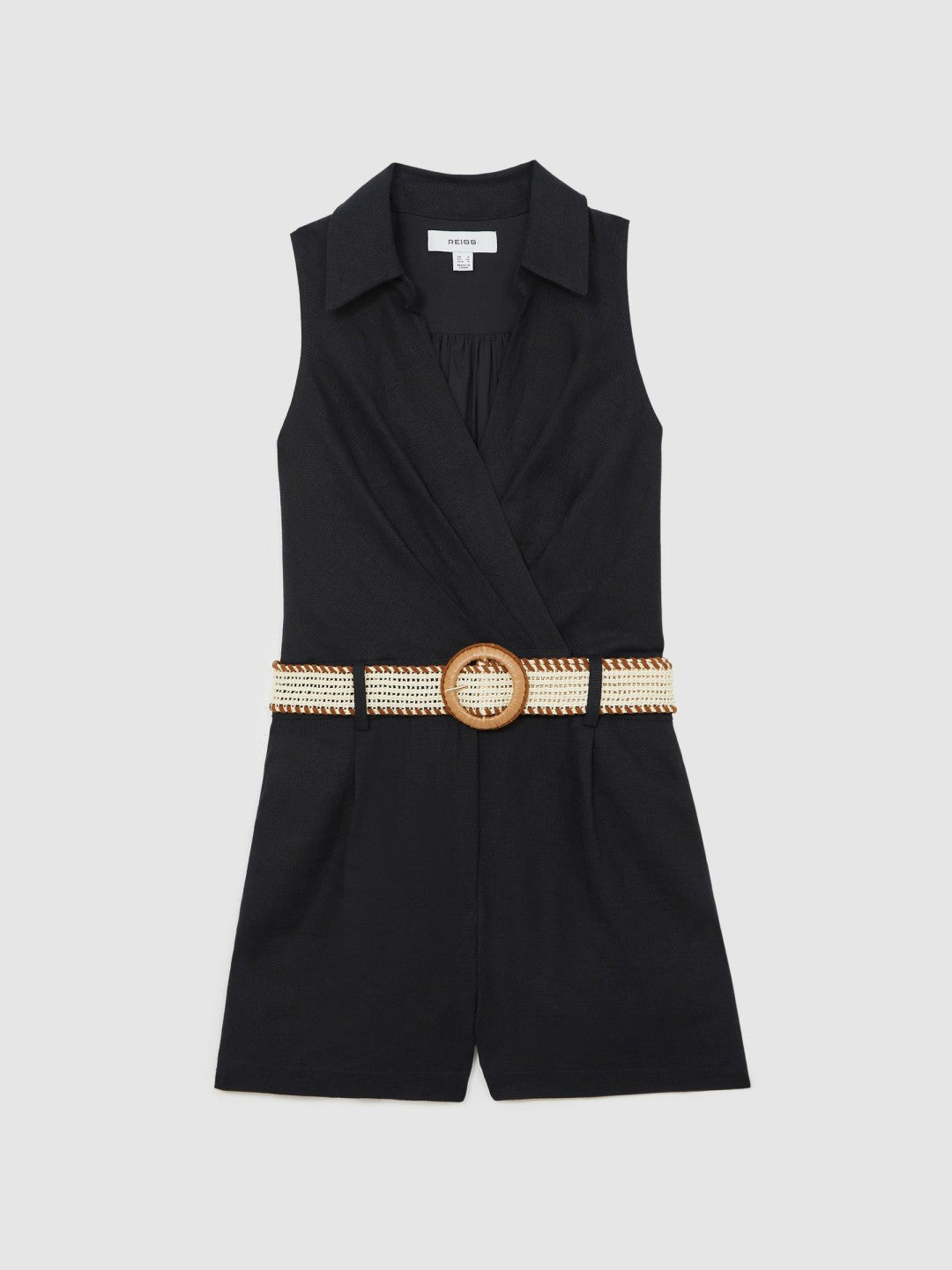 Reiss Popular Choice - Linen Belted Sleeveless Wrap Playsuit in Navy