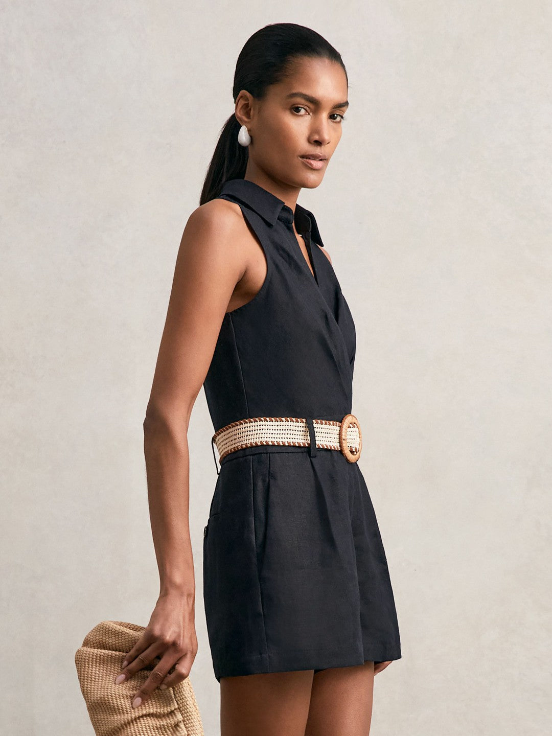 Reiss Popular Choice - Linen Belted Sleeveless Wrap Playsuit in Navy
