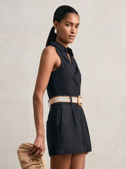 Reiss Popular Choice - Linen Belted Sleeveless Wrap Playsuit in Navy