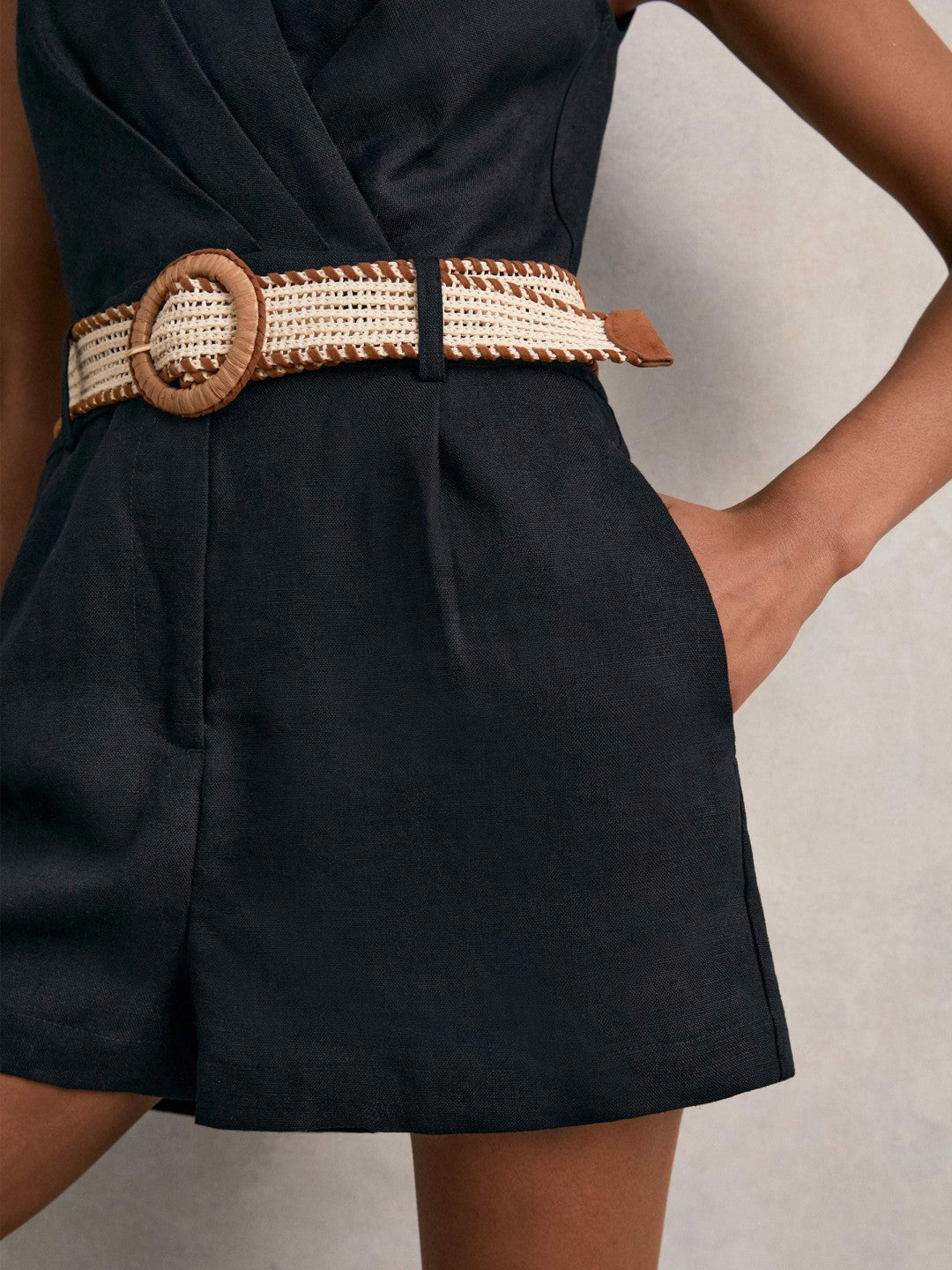 Reiss Popular Choice - Linen Belted Sleeveless Wrap Playsuit in Navy