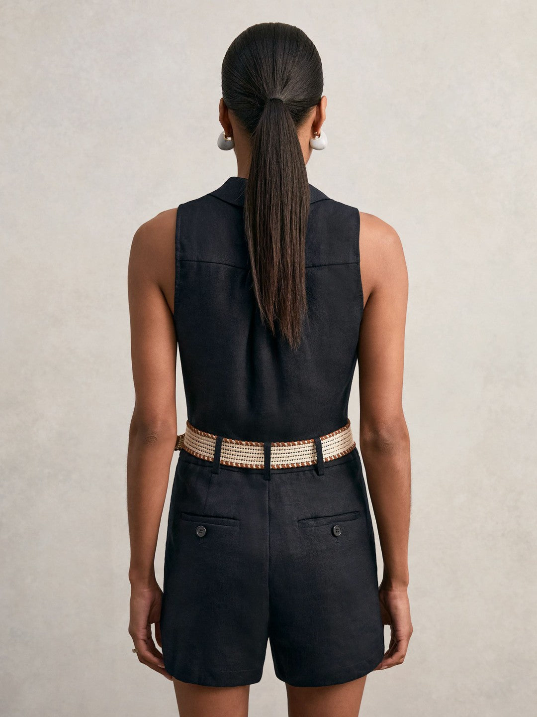 Reiss Popular Choice - Linen Belted Sleeveless Wrap Playsuit in Navy
