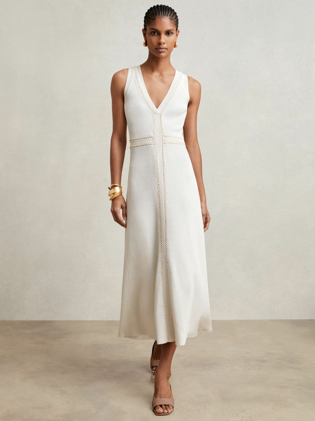 Reiss Craft-Stitch Knitted Midi Dress in Ivory