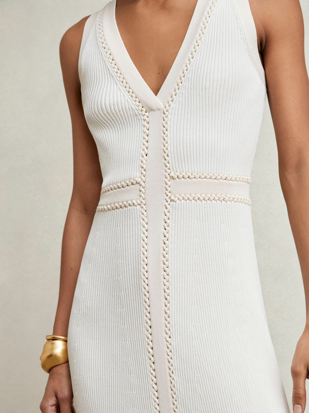 Reiss Craft-Stitch Knitted Midi Dress in Ivory