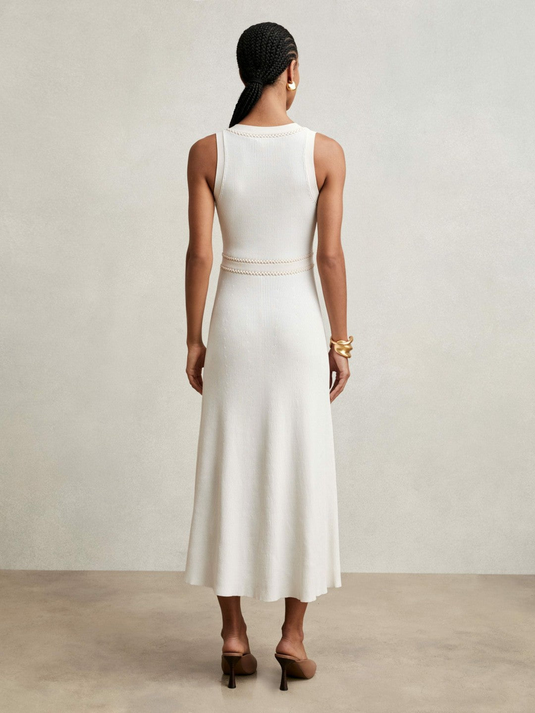 Reiss Craft-Stitch Knitted Midi Dress in Ivory