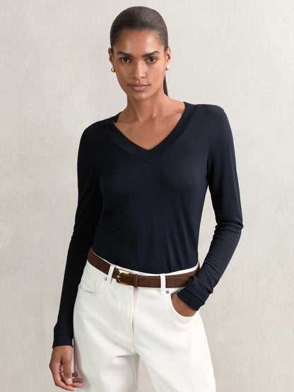 Reiss Jersey V-Neck Top in Navy