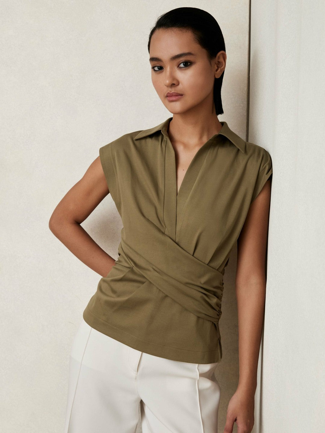 Reiss Affordable - Stretch-Cotton Wrap-Front Collar Top in Khaki Green