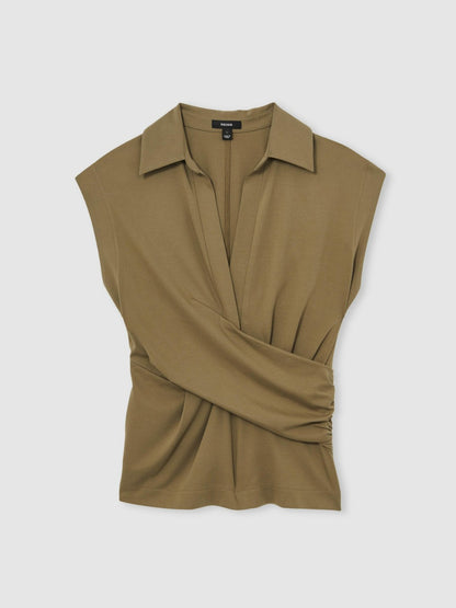 Reiss Affordable - Stretch-Cotton Wrap-Front Collar Top in Khaki Green
