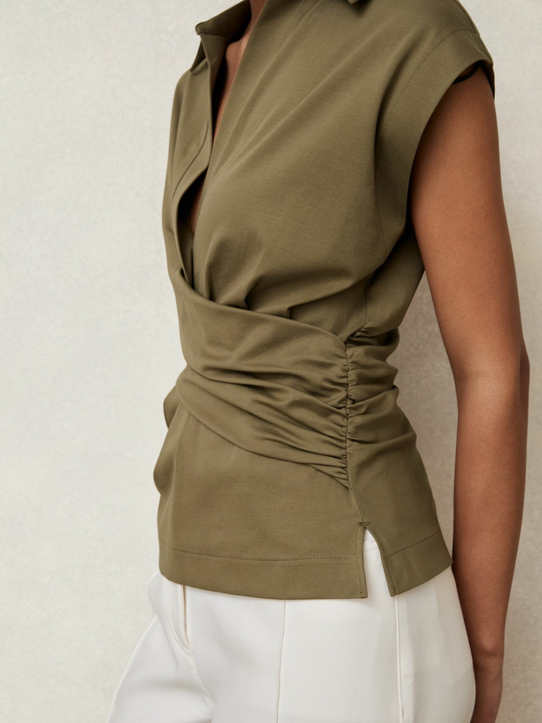 Reiss Affordable - Stretch-Cotton Wrap-Front Collar Top in Khaki Green