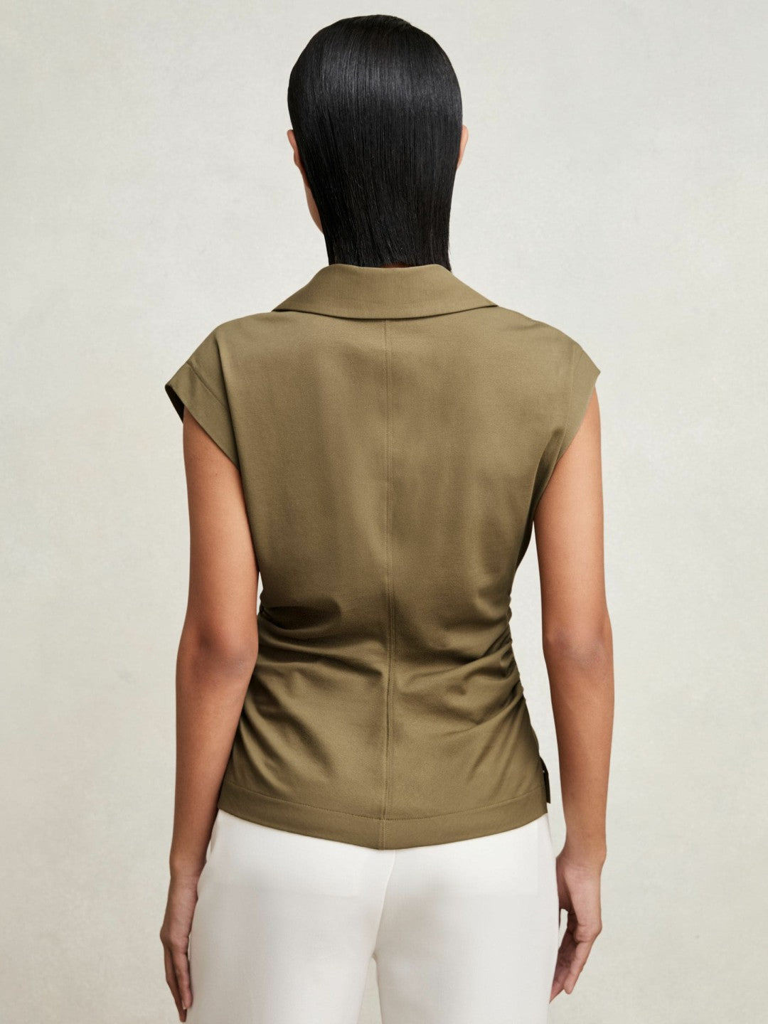 Reiss Affordable - Stretch-Cotton Wrap-Front Collar Top in Khaki Green