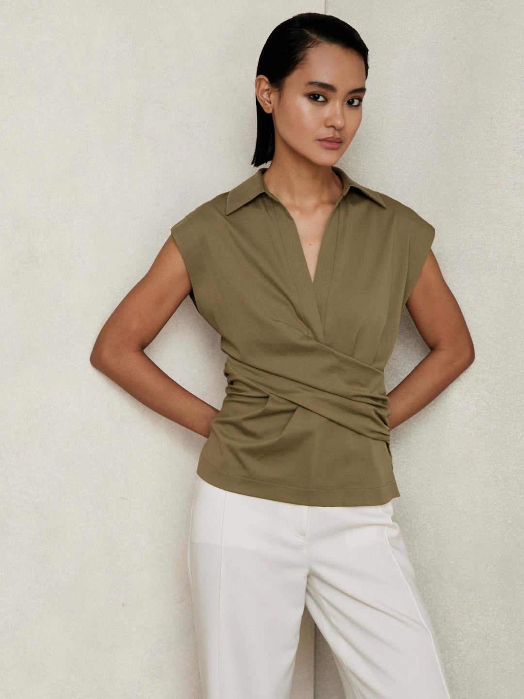 Reiss Affordable - Stretch-Cotton Wrap-Front Collar Top in Khaki Green