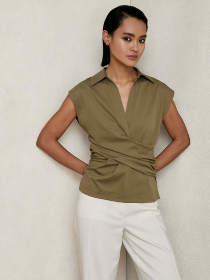 Reiss Affordable - Stretch-Cotton Wrap-Front Collar Top in Khaki Green