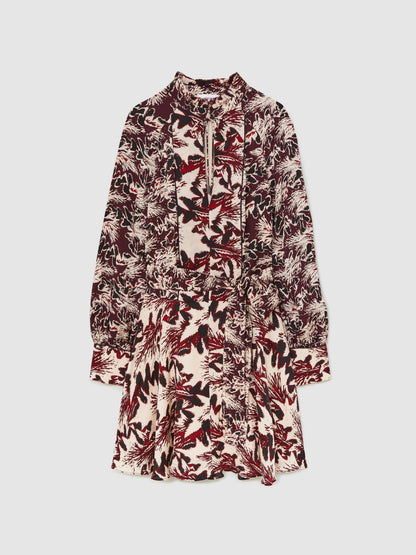 Reiss Printed Tie-Waist Flippy Mini Dress in Burgundy/Cream