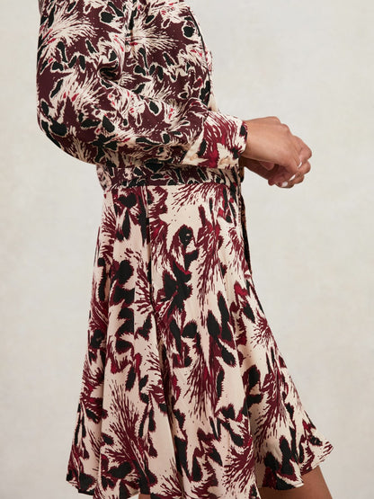 Reiss Printed Tie-Waist Flippy Mini Dress in Burgundy/Cream
