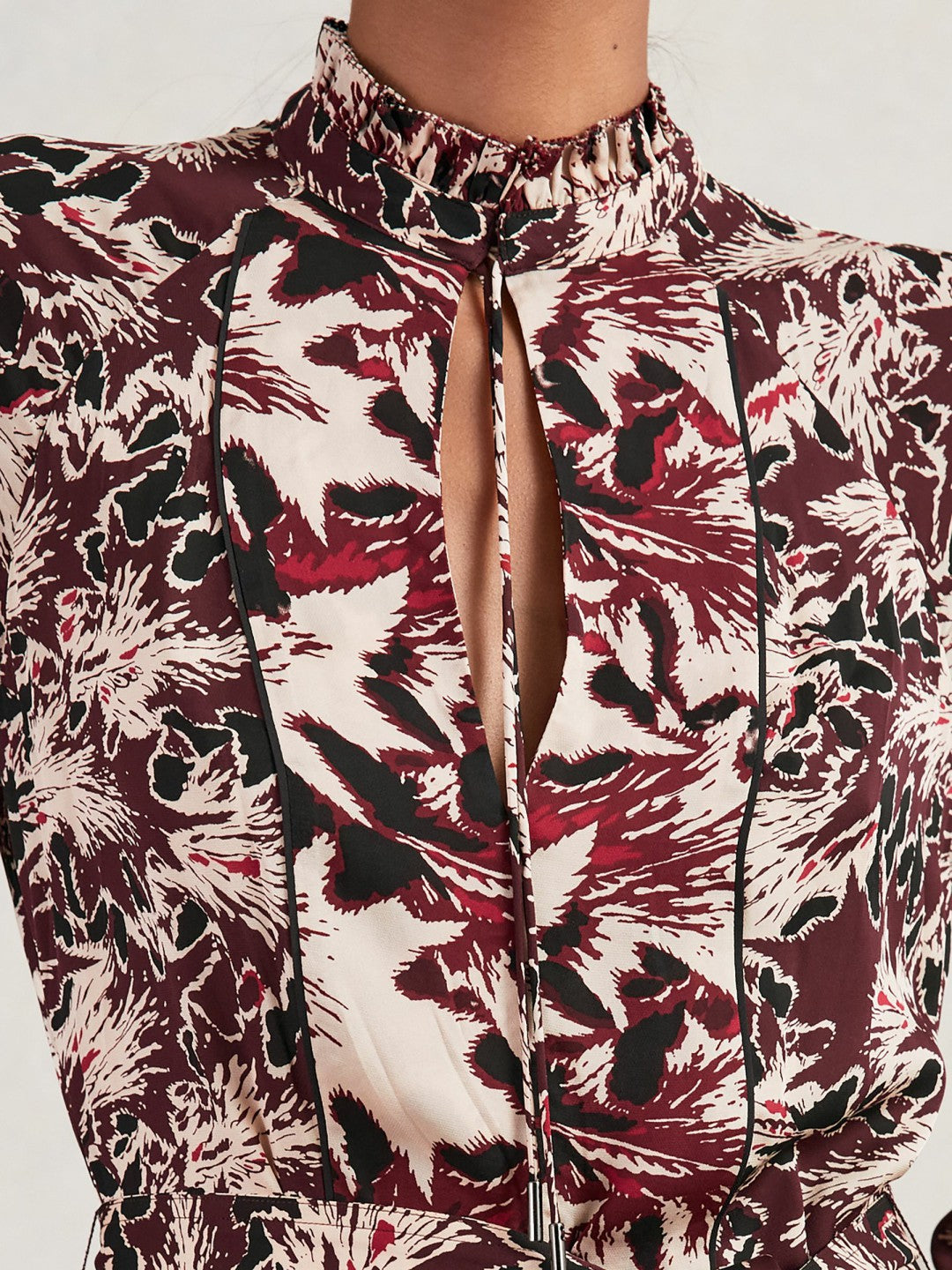 Reiss Printed Tie-Waist Flippy Mini Dress in Burgundy/Cream