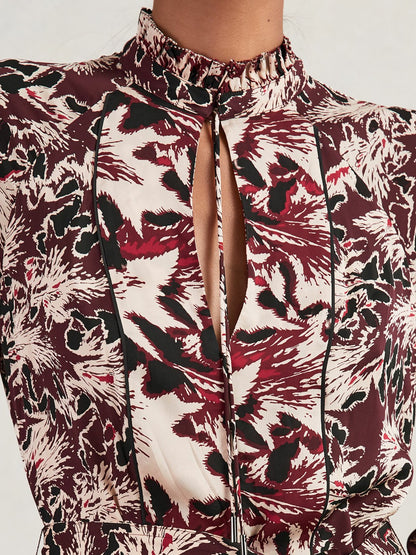 Reiss Printed Tie-Waist Flippy Mini Dress in Burgundy/Cream