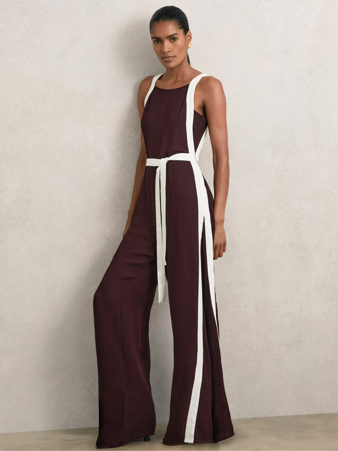 Reiss Value - Colourblock Wide Leg Belted Jumpsuit in Burgundy/Cream