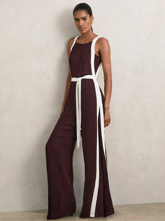Reiss Value - Colourblock Wide Leg Belted Jumpsuit in Burgundy/Cream