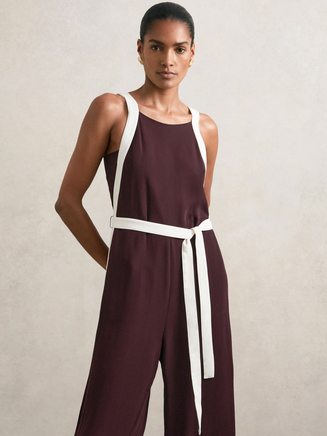 Reiss Value - Colourblock Wide Leg Belted Jumpsuit in Burgundy/Cream
