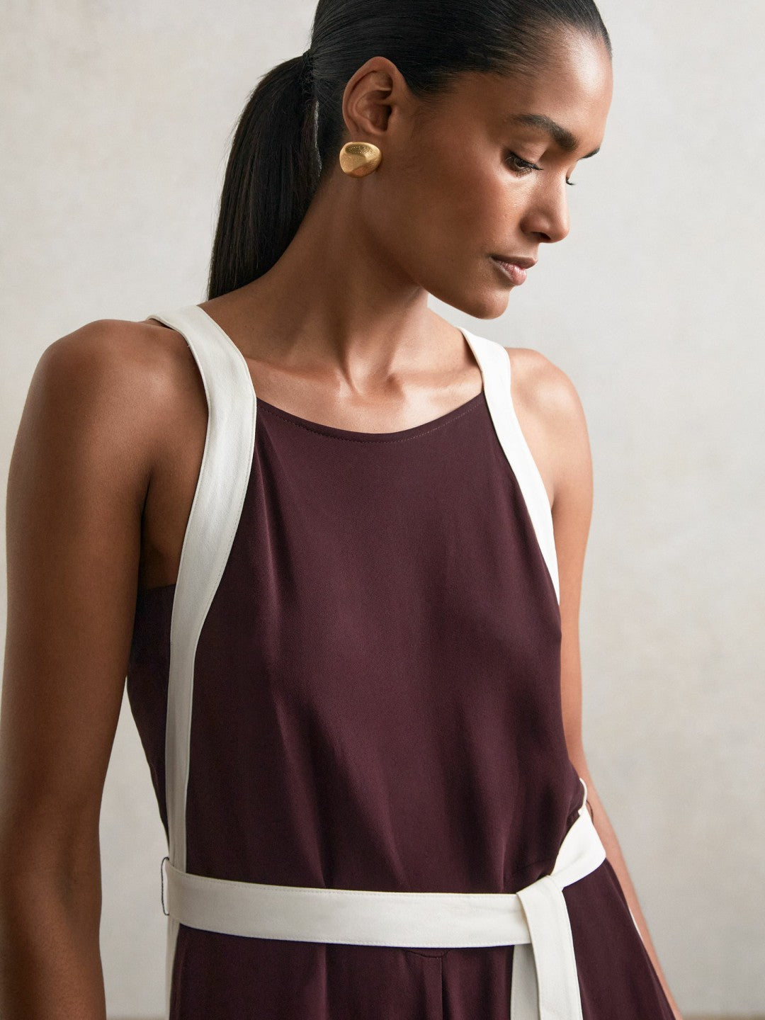 Reiss Value - Colourblock Wide Leg Belted Jumpsuit in Burgundy/Cream