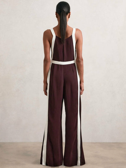 Reiss Value - Colourblock Wide Leg Belted Jumpsuit in Burgundy/Cream