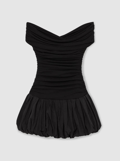 Reiss Off-Shoulder Puffball Mini Dress in Black