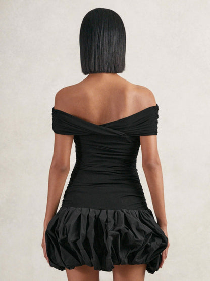 Reiss Off-Shoulder Puffball Mini Dress in Black