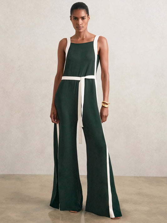 Reiss Sale - Colourblock Wide Leg Belted Jumpsuit in Dark Green/Cream
