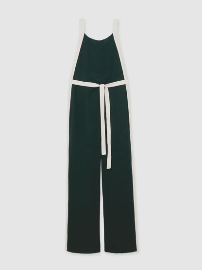 Reiss Sale - Colourblock Wide Leg Belted Jumpsuit in Dark Green/Cream