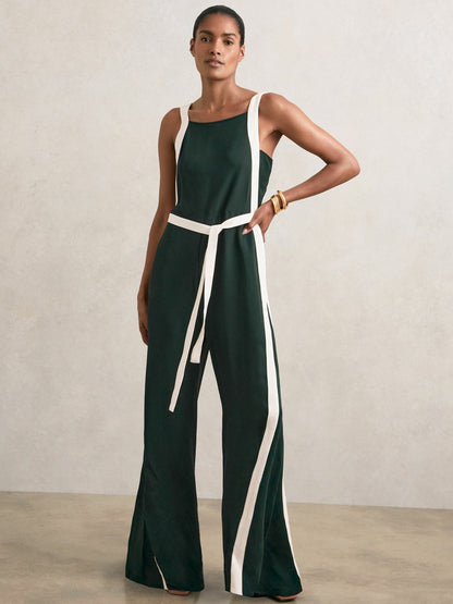 Reiss Sale - Colourblock Wide Leg Belted Jumpsuit in Dark Green/Cream