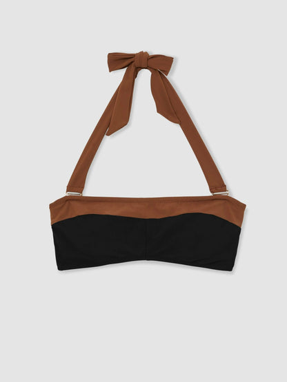 Reiss Contrast-Trim Bandeau Bikini Top in Black/Tan
