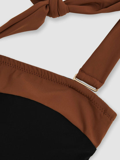 Reiss Contrast-Trim Bandeau Bikini Top in Black/Tan