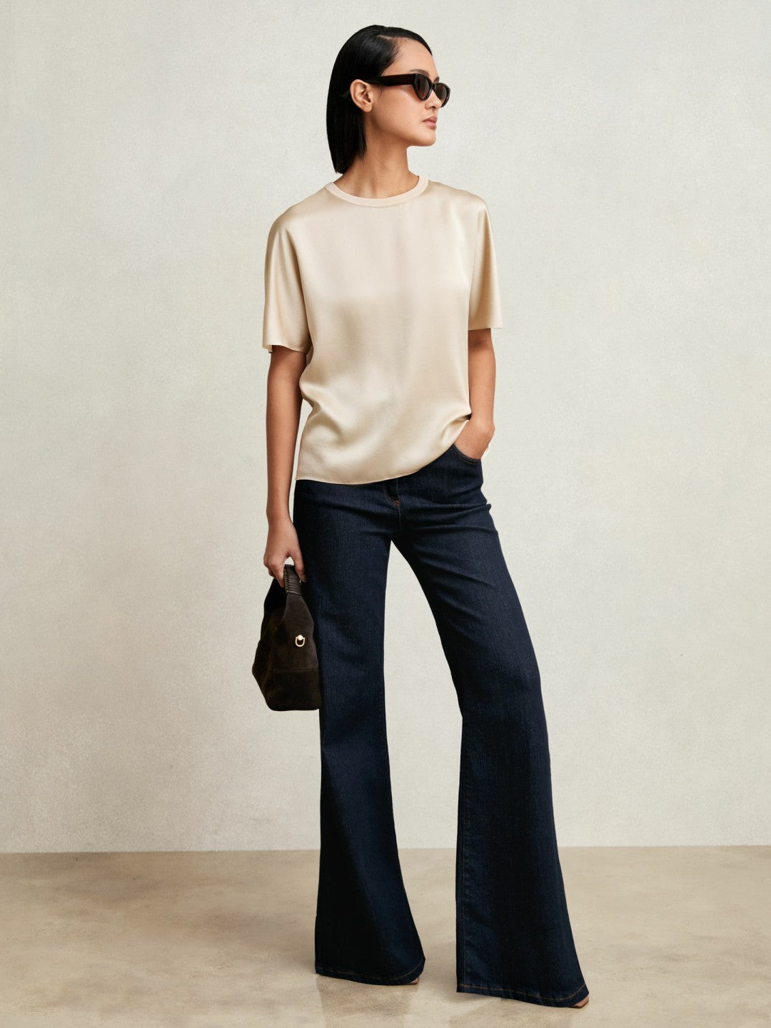 Reiss Silk Short-Sleeve Top in Champagne Neutral