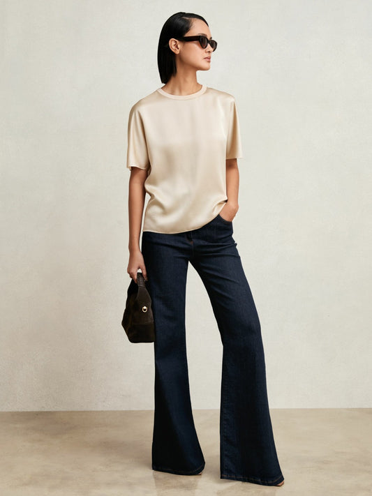 Reiss Sale - Silk Short-Sleeve Top in Champagne Neutral