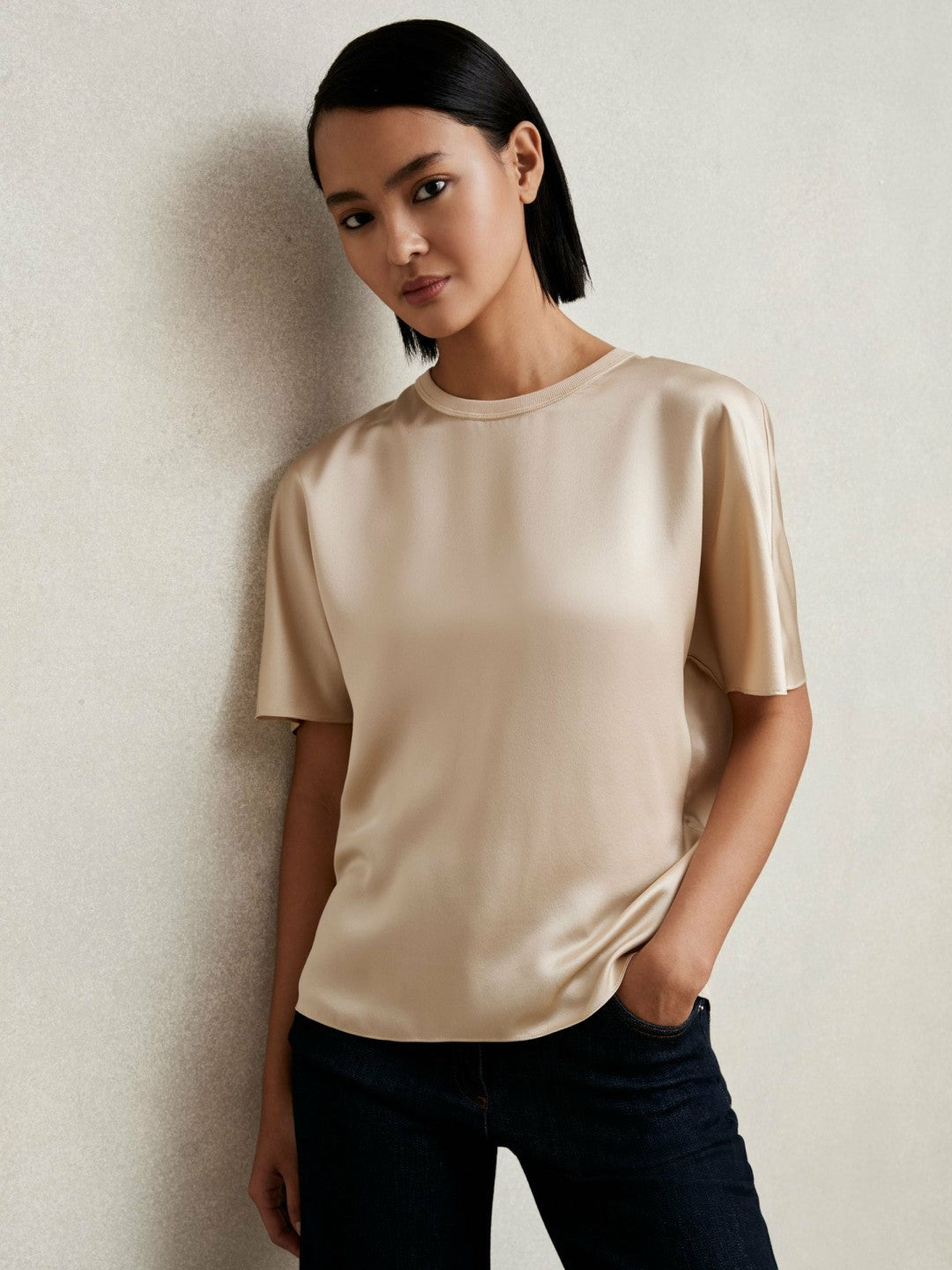 Reiss Silk Short-Sleeve Top in Champagne Neutral