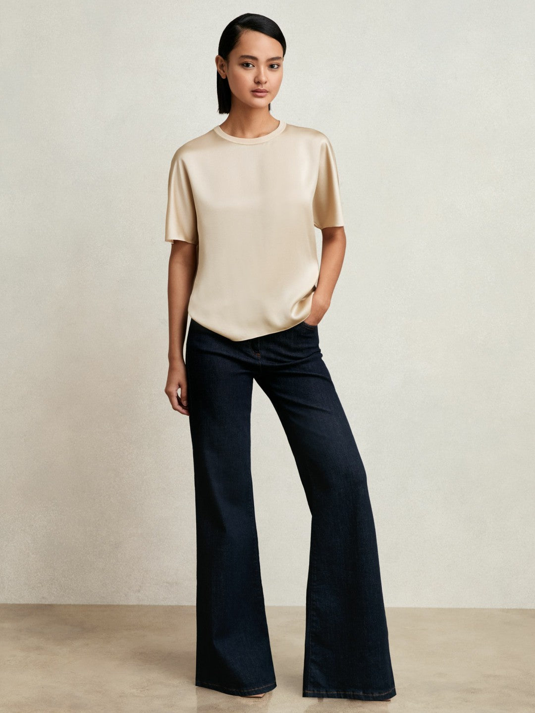 Reiss Silk Short-Sleeve Top in Champagne Neutral