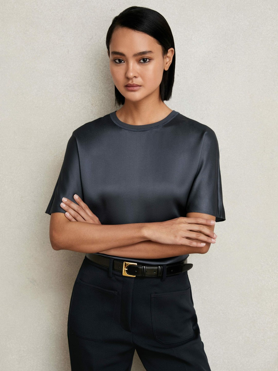 Reiss Silk Short-Sleeve Top in Blue