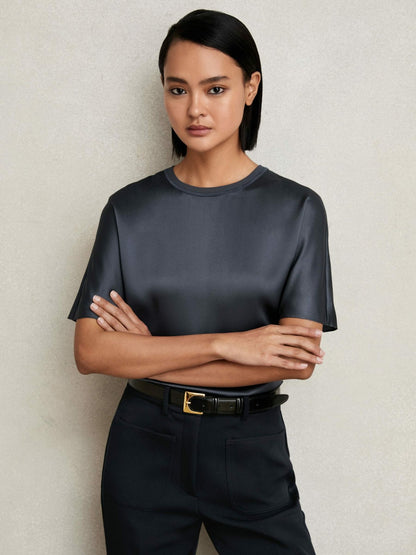 Reiss Silk Short-Sleeve Top in Blue