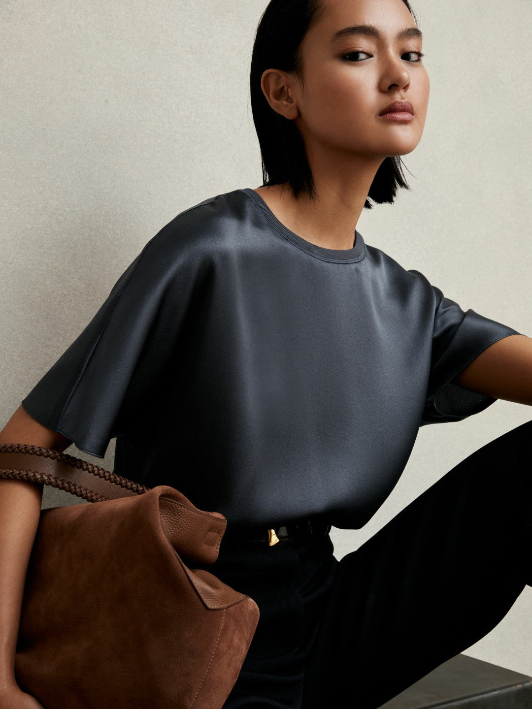 Reiss Silk Short-Sleeve Top in Blue
