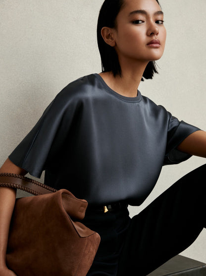 Reiss Silk Short-Sleeve Top in Blue