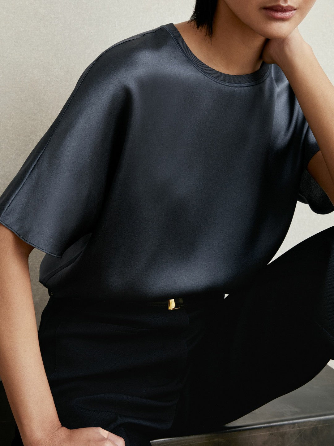 Reiss Silk Short-Sleeve Top in Blue