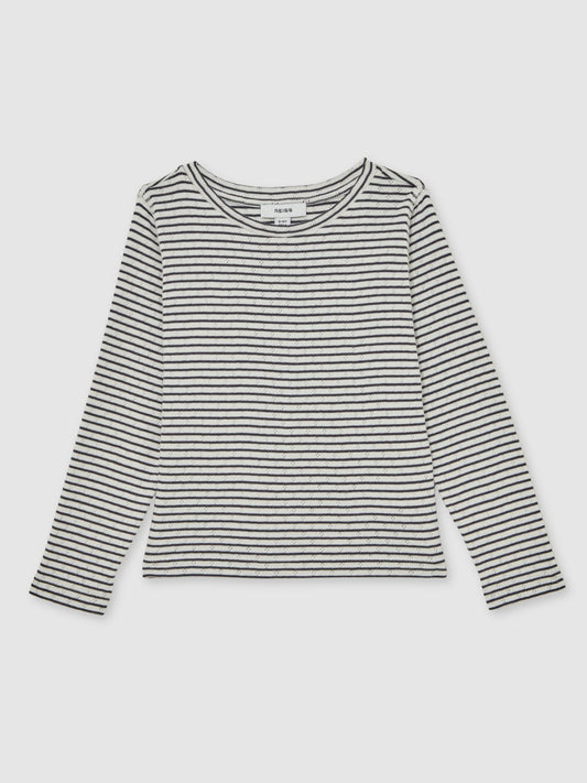 Reiss Sale - 13-14 yrs Cotton Pointelle Long Sleeve Top in Navy/White