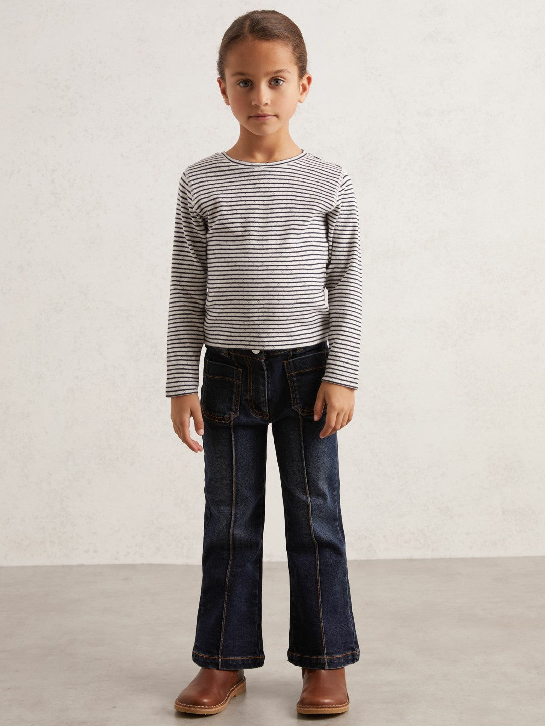 Reiss 3-9 yrs Cotton Pointelle Long Sleeve Top in Navy/White