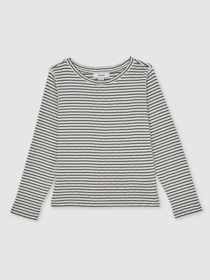 Reiss 3-9 yrs Cotton Pointelle Long Sleeve Top in Navy/White