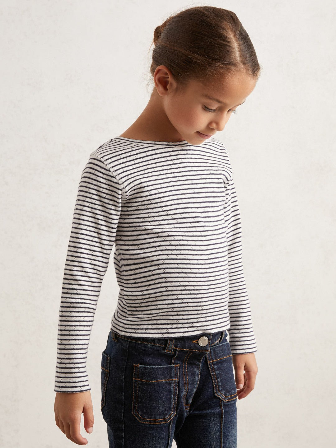 Reiss 3-9 yrs Cotton Pointelle Long Sleeve Top in Navy/White