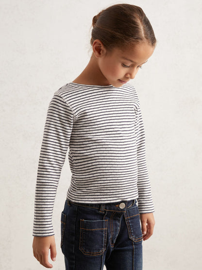 Reiss 3-9 yrs Cotton Pointelle Long Sleeve Top in Navy/White